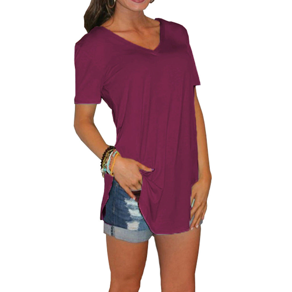 Summer Women's Collar Short Casual Style Sleeve Loose T-shirt Hem Large Size Solid Color Top