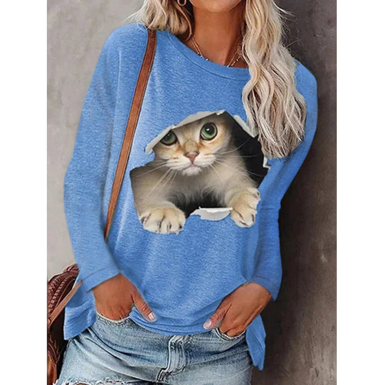 Trendy Round Neck Digital Printing Pullover Cat Long Sleeve Women's T-shirt