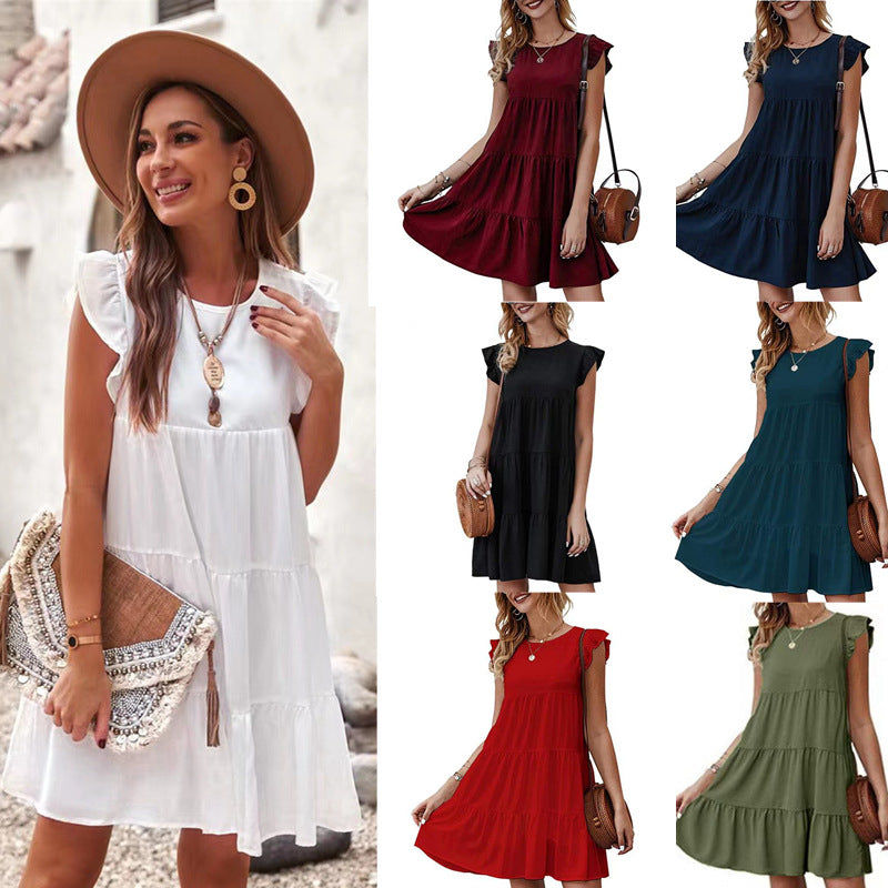 Summer Solid Color Round Temperament Commute Neck Short Sleeves Casual Cake Pleated Large Swing Dress