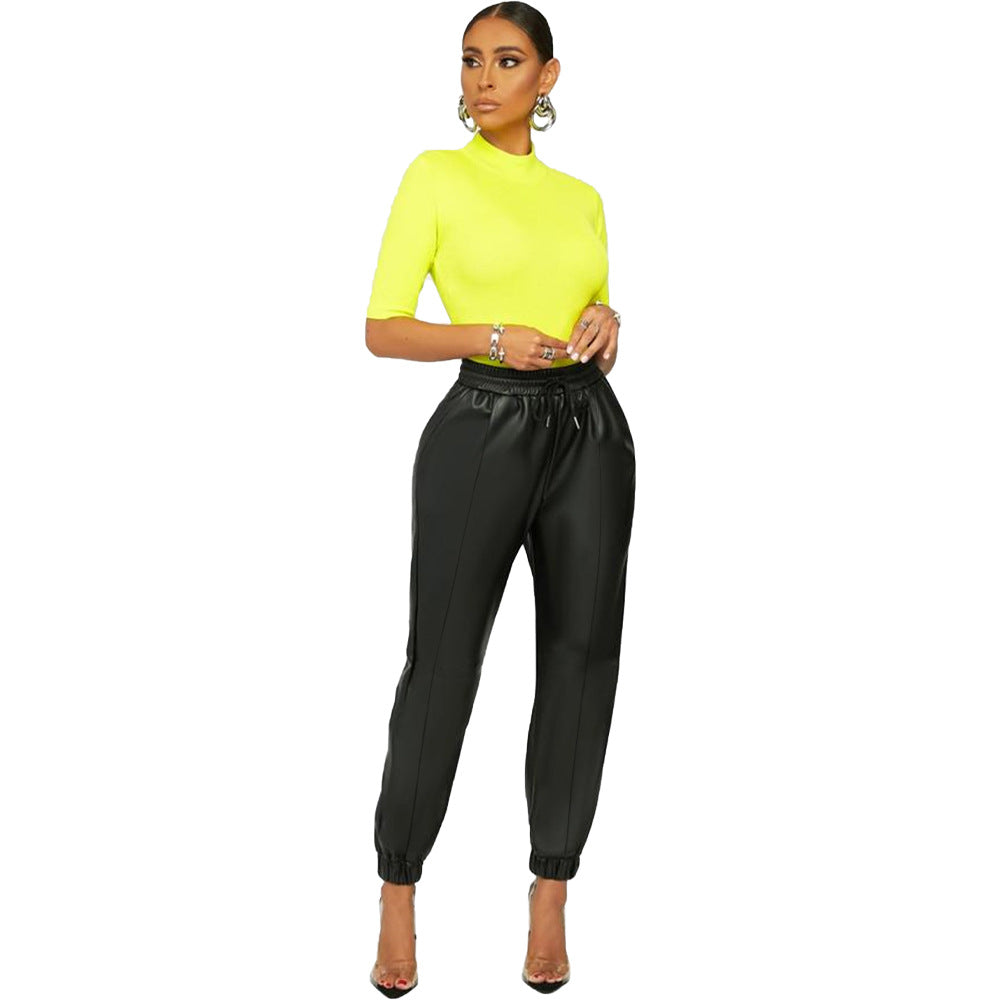 Women's Solid Mid Waist Color Sexy Leather Casual Pants Skinny Leggings