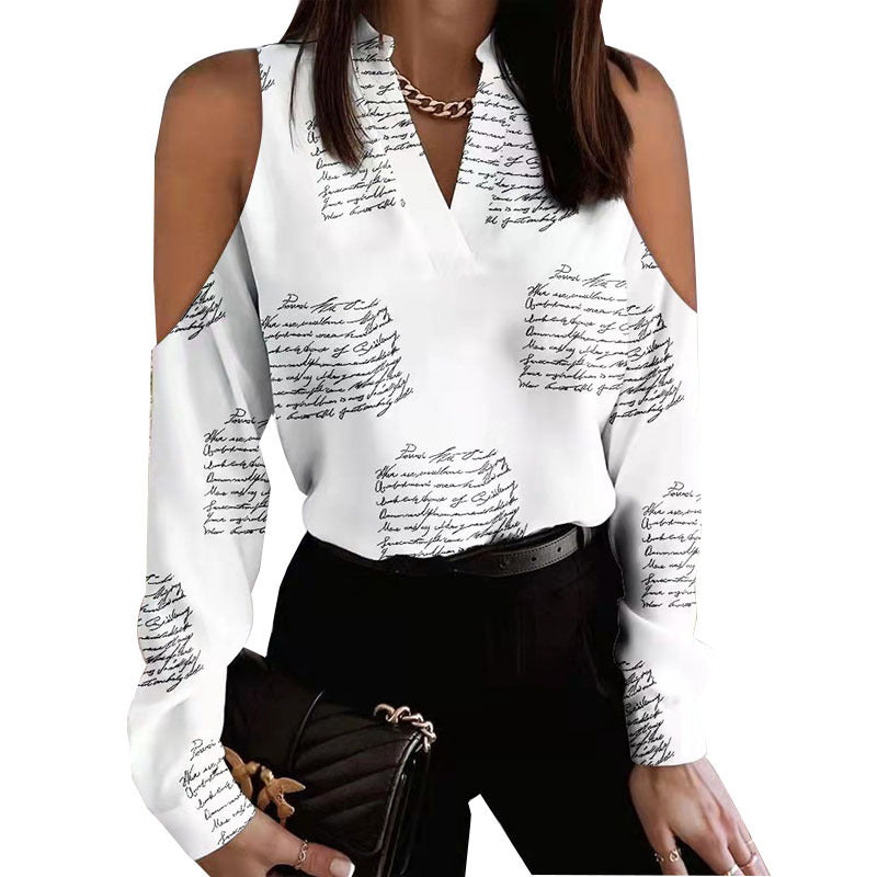 Graceful Long Polyester Fiber Sleeve Off-the-shoulder Printed Shirt