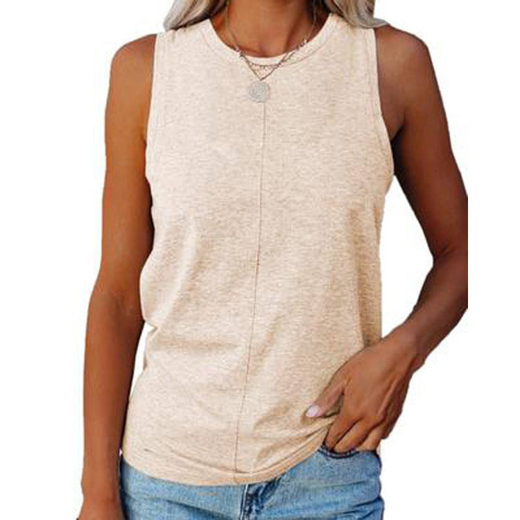 Summer Women's Stylish Casual Style Loose Round Neck Solid Color Sleeveless Vest T-shirt