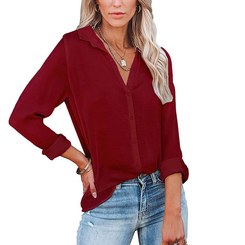 Women's Polyester Fiber Casual Loose Long Sleeve Button V-neck Shirt Top