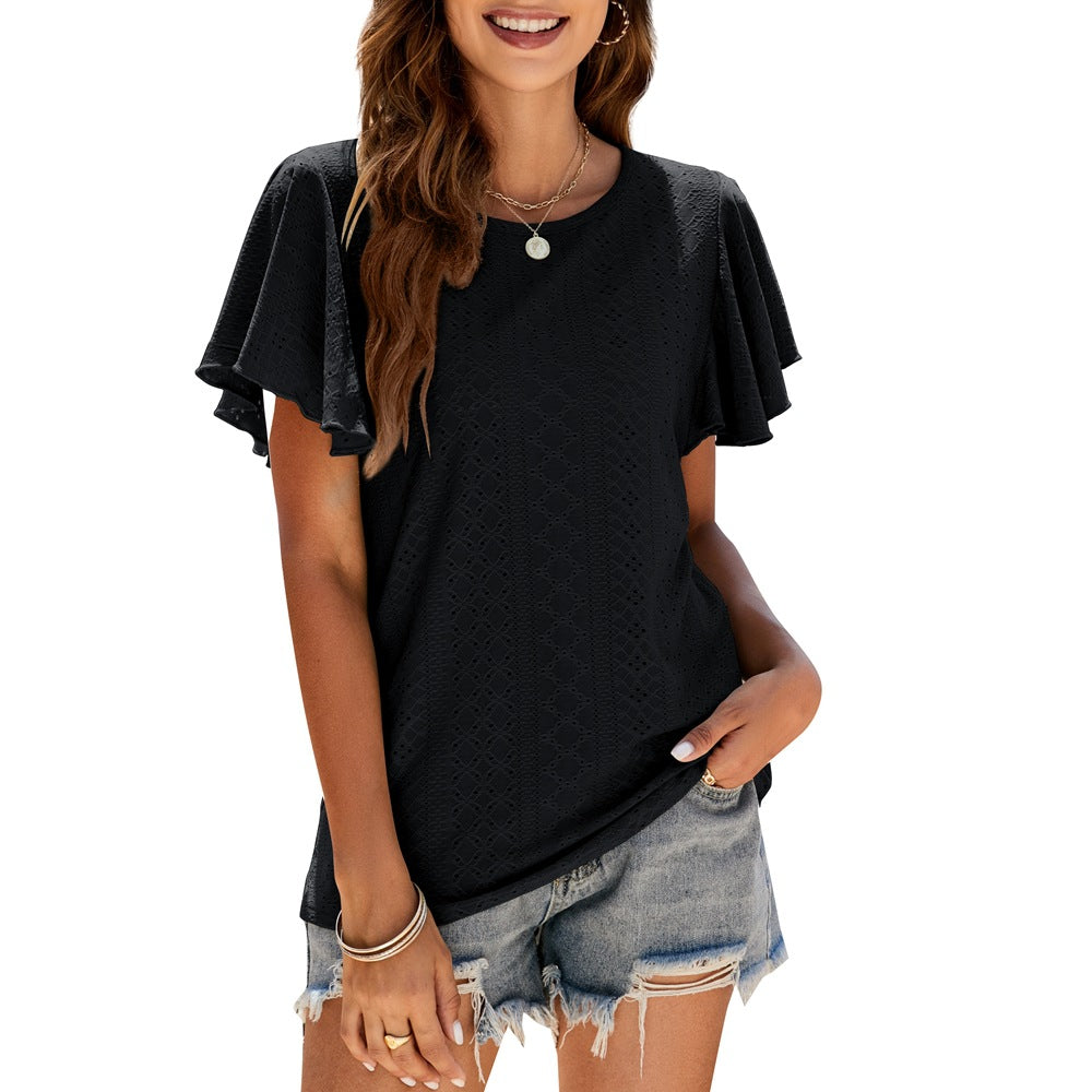 Women's Summer Pullover T-shirt Hollow-out Waist Ruffle Sleeve Casual Top