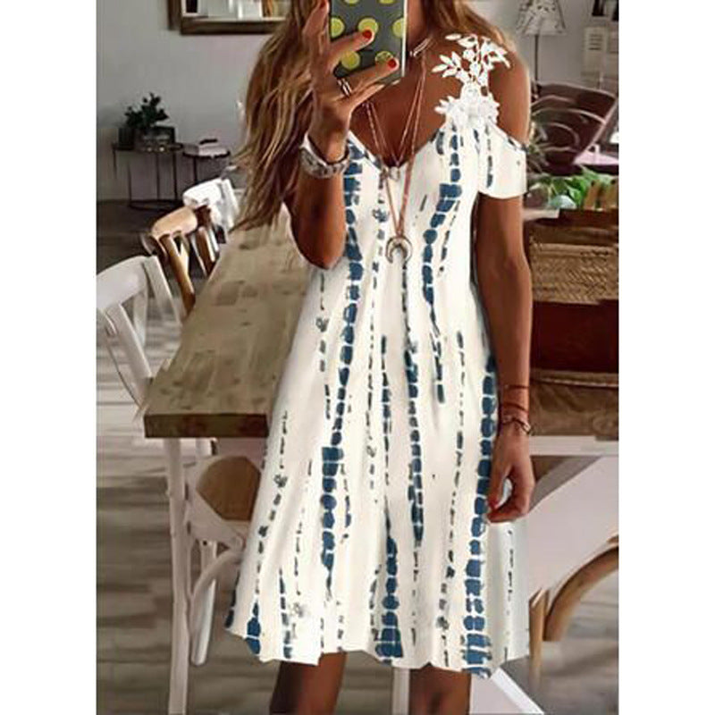 Summer Temperament Commute Women's Printed Off-shoulder Short Sleeve Lace Dress