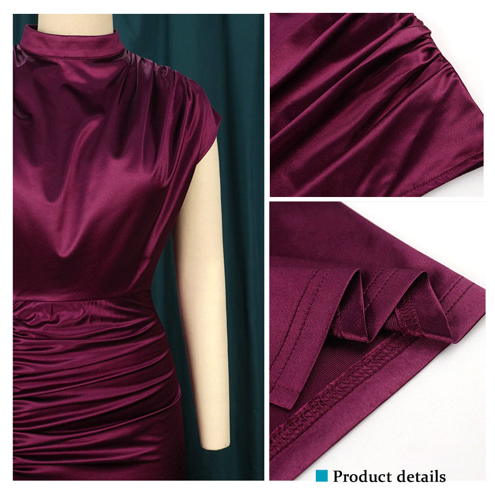 Turtleneck Solid Color Polyester Spandex High Waist Temperament Commuter Red Dress
