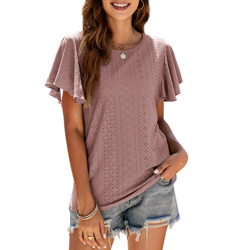 Women's Summer Pullover T-shirt Hollow-out Waist Ruffle Sleeve Casual Top