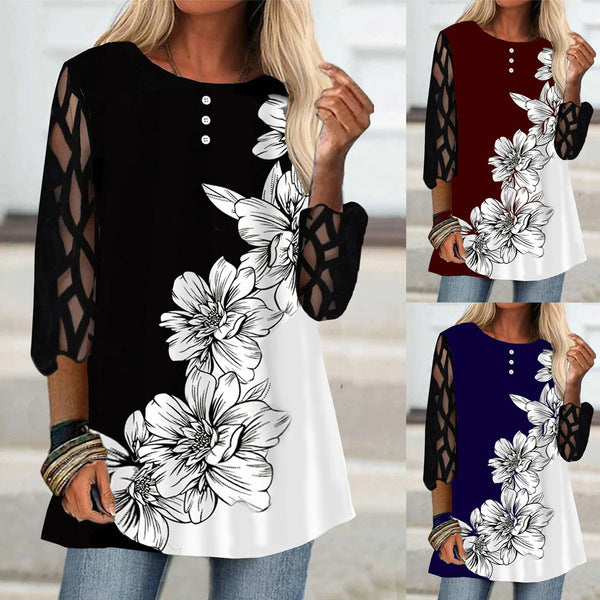 Plus Size Women's Pullover Top Lace Sleeve Floral Loose-fitting Casual T-shirt