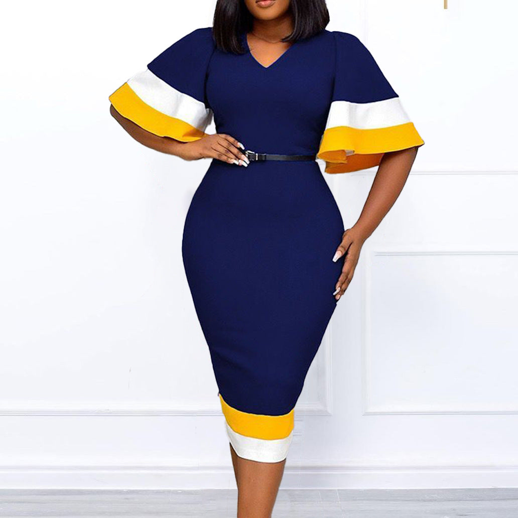 Women's Temperament Commute Summer Fashion Colorblock Bell Sleeve Dress