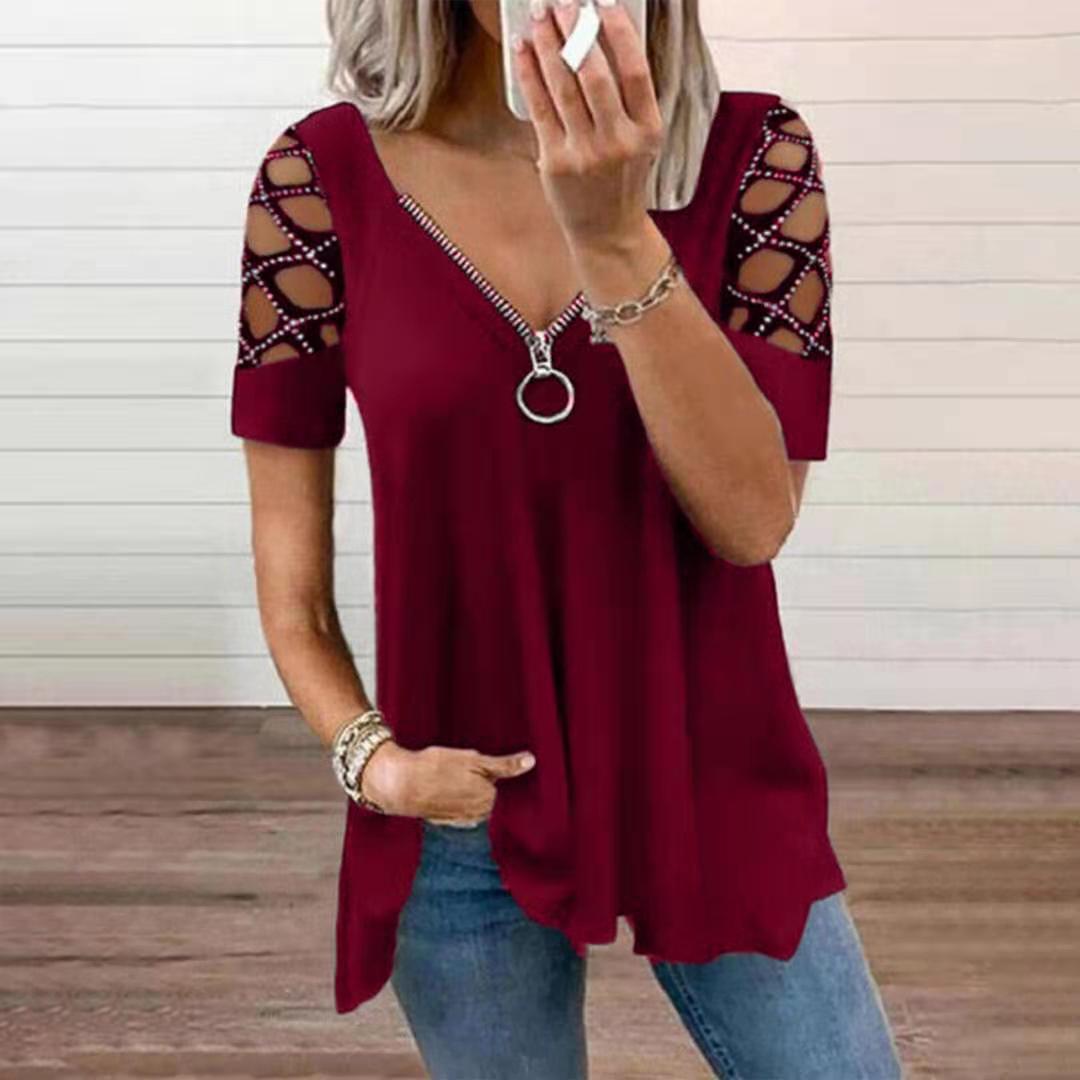 Loose Fashion V-neck Solid Color Hollow Sleeve Rhinestone Casual Women's Top