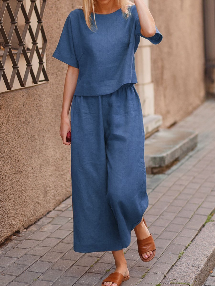 Casual Plus Size Loose Solid Classic Style Color Shirt Trousers Two-piece Suit