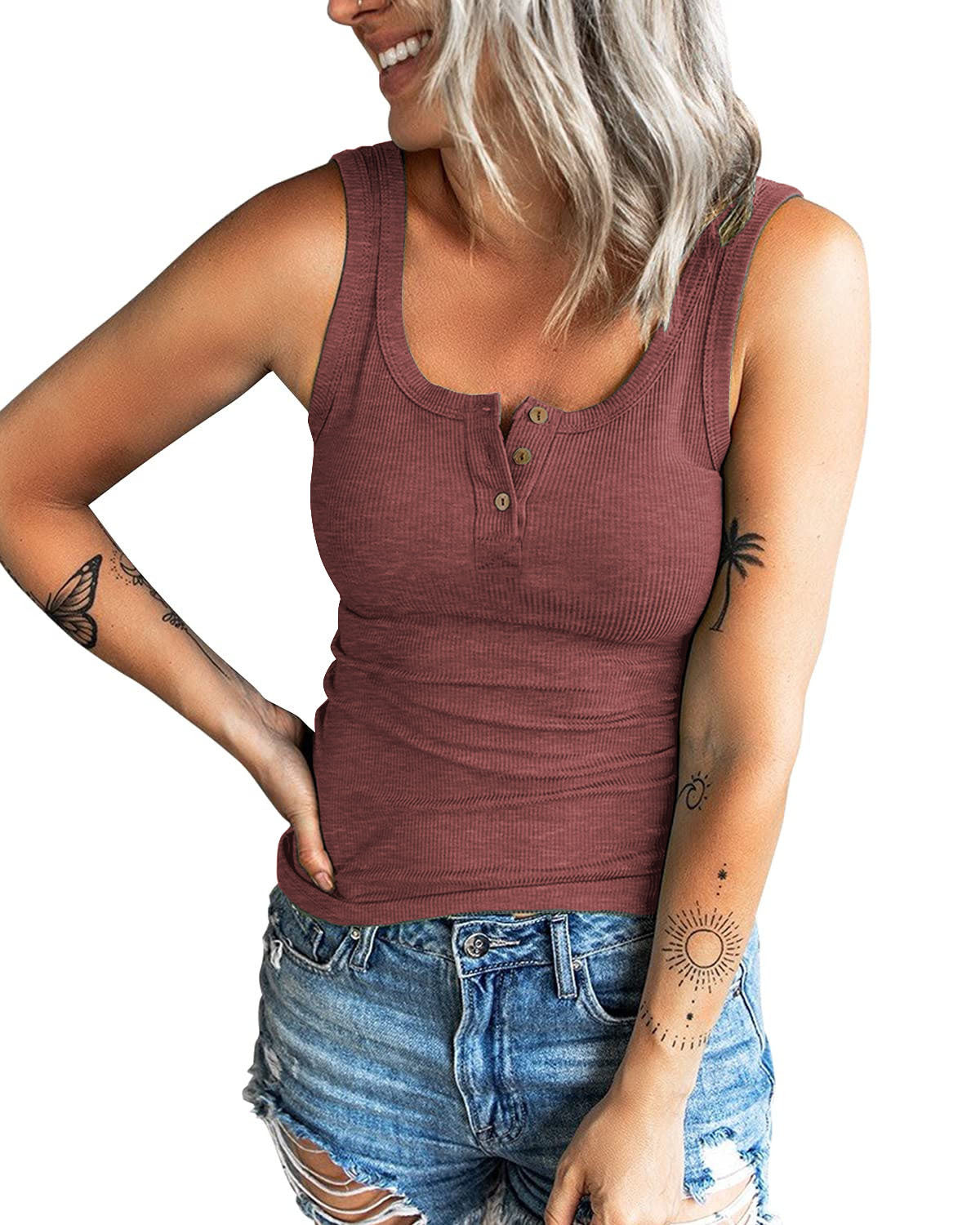 Women's Button Leisure Slim Vest Top T-shirt