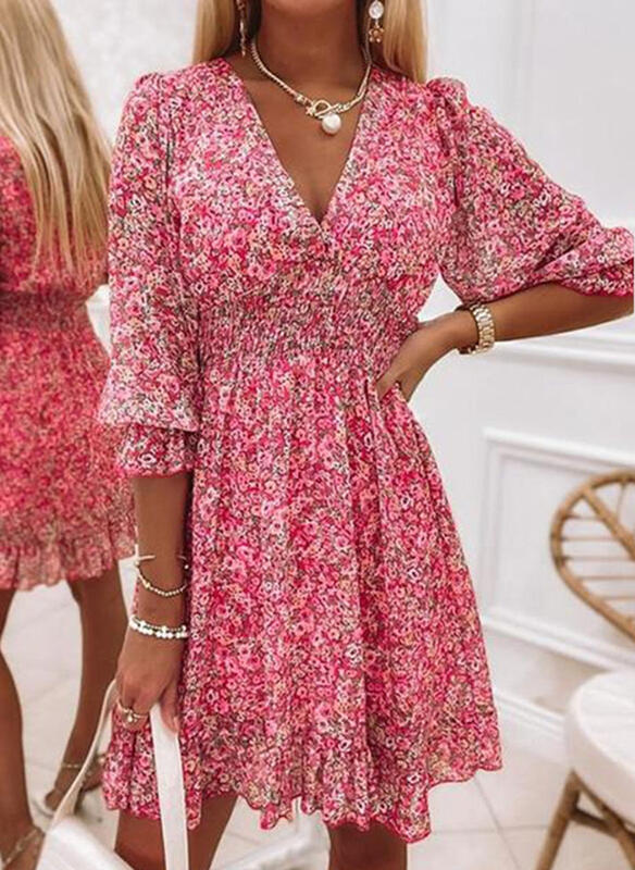 Mid-length Temperament Commute Pullover Print Short Sleeve Puff Mid-waist Floral Dress