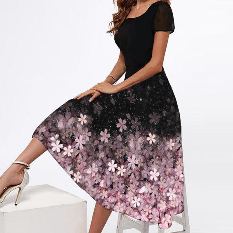 Women's Square Temperament Commute Collar Short Sleeve Multi-color Printing Dress