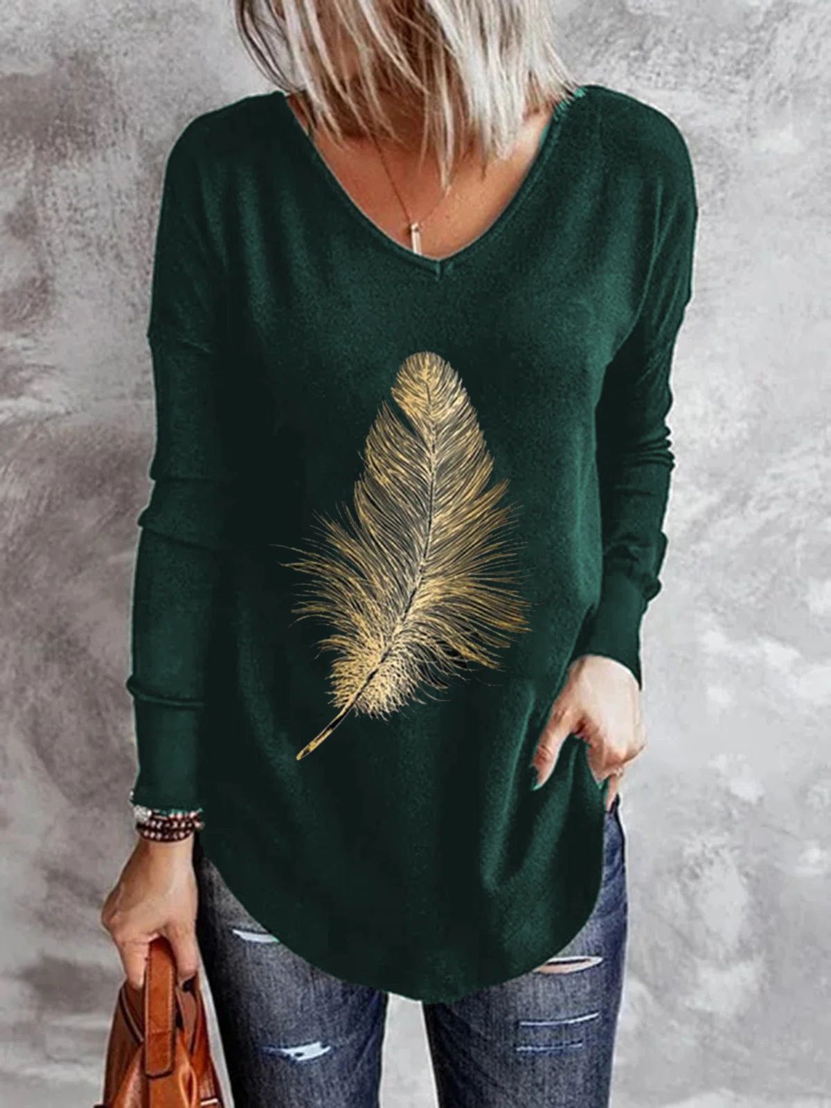 Spring V-neck Leisure Long-sleeved Printed Women's T-shirt