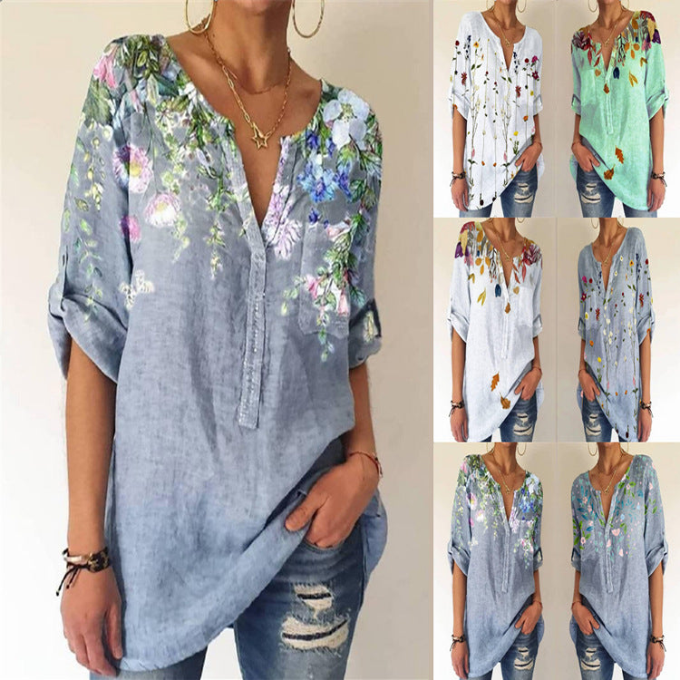 Summer Women Loose Printed Cotton Blend V-neck Three-quarter Sleeve Top