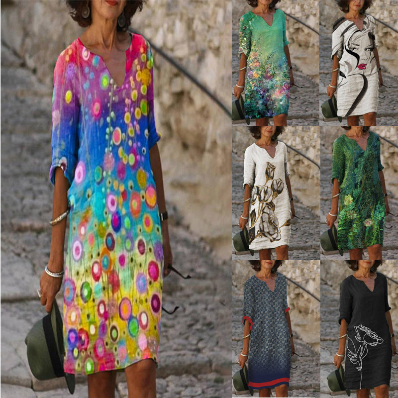 Printing Summer Printed Loose Bamboo Fiber Linen Floral Short Sleeve Women's Retro Art Dress