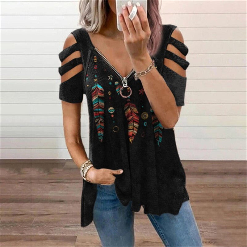 Women's Collar Leisure Zipper Pullover Print Short Sleeve Loose T-shirt Top