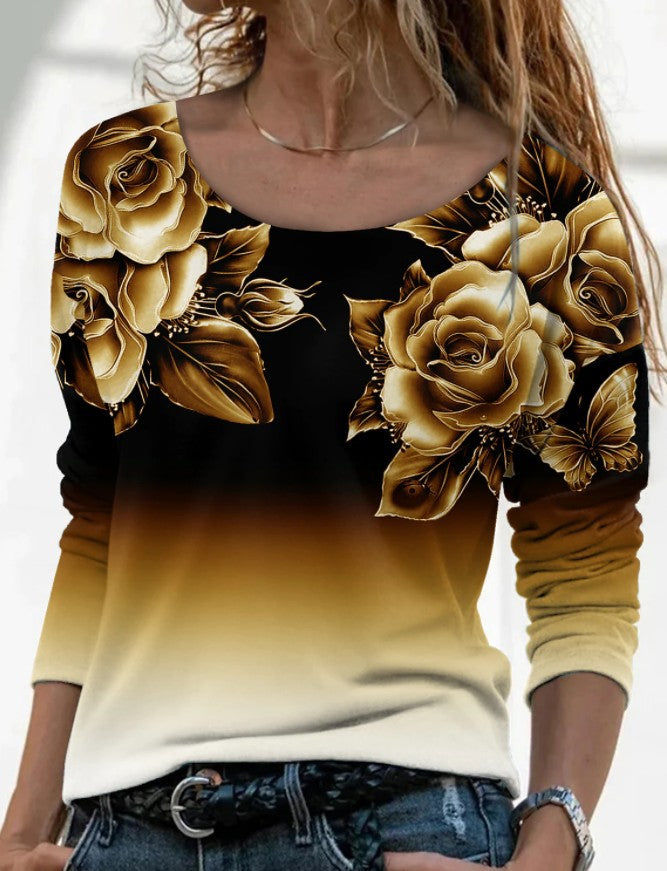 Women's Long Digital Printing Sleeve Loose Neck Casual Pullover Print T-shirt