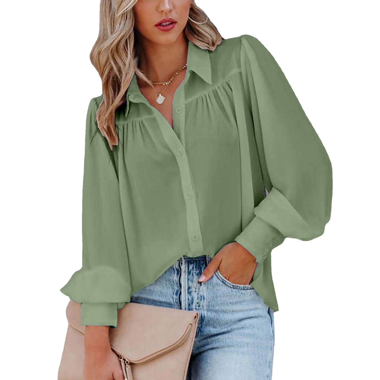 Button Lantern Sleeve Pleated Solid Color Collar Loose Cardigan Shirt Long Women's Top