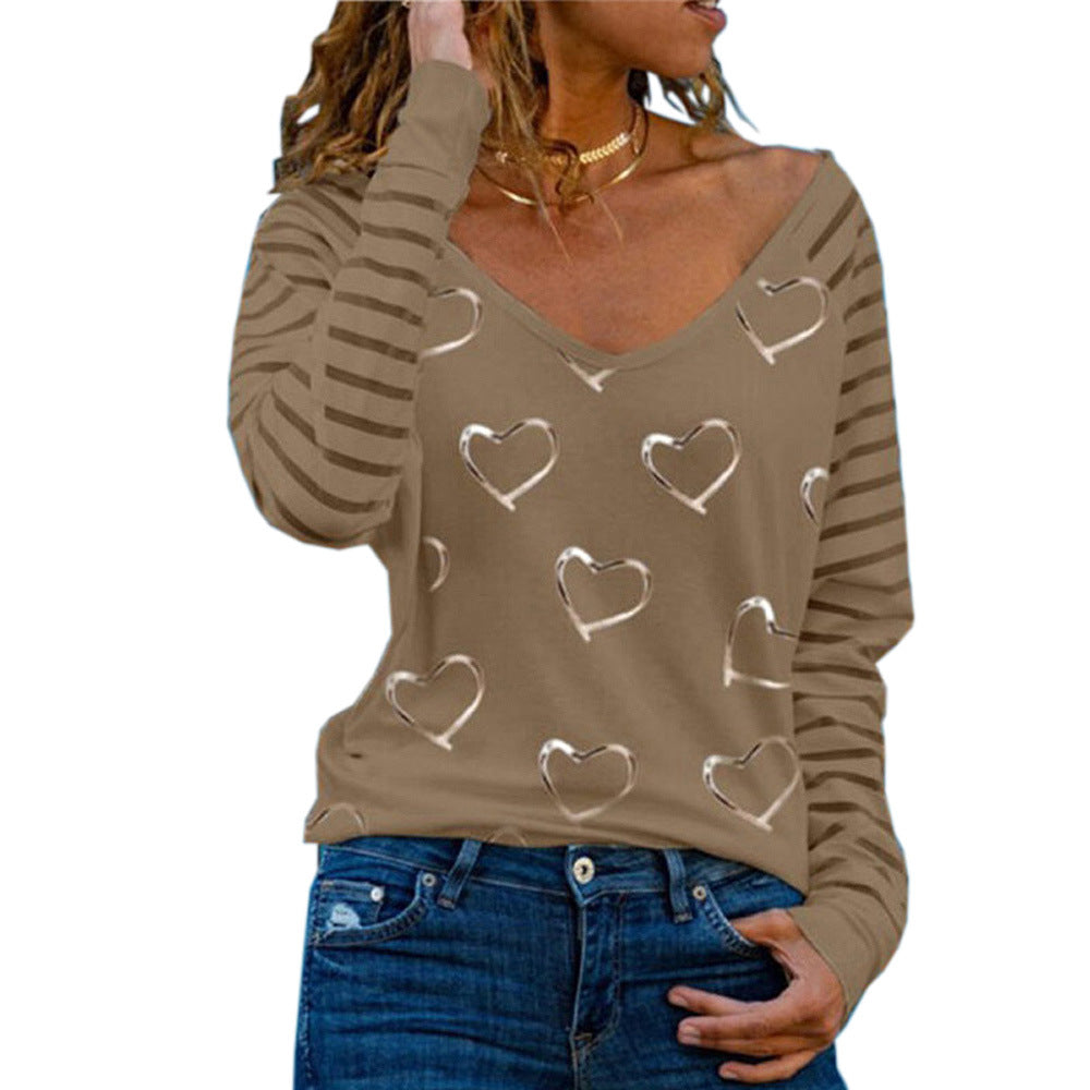 Loose Women's Large Size V-neck Heart Printing Long-sleeved T-shirt