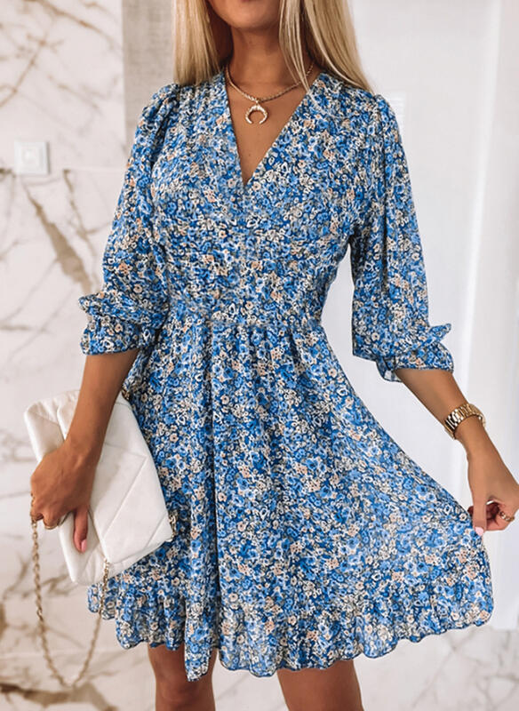 Mid-length Temperament Commute Pullover Print Short Sleeve Puff Mid-waist Floral Dress