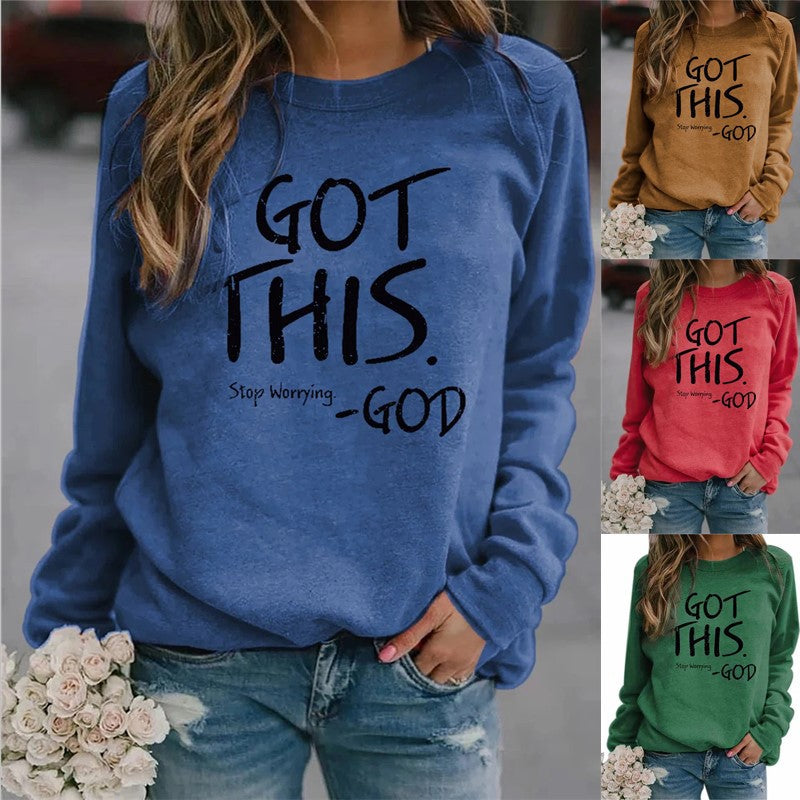 Letter Print Round Pullover Neck Loose Long Sleeves Sweater