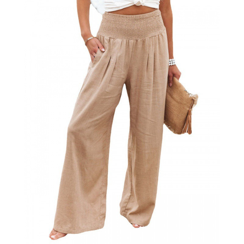 Women's Washed Elastic Waist Leisure Wide-leg Pants Casual Trousers