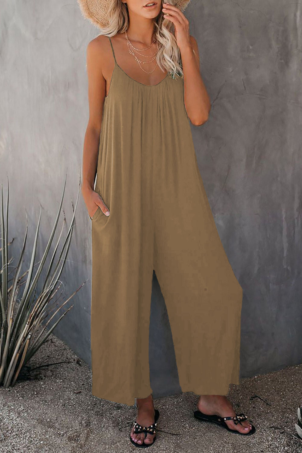 Women's Sling Summer Solid Sleeveless Color Pocket Casual Jumpsuit