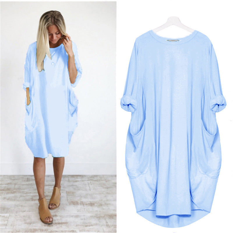 Women's Casual Style Autumn Long Sleeve Round Neck Solid Color Loose Pockets Dress
