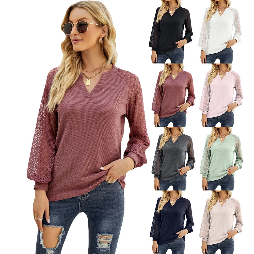 Women's Lace Solid Color Stitching Long-sleeved V-neck T-shirt Top