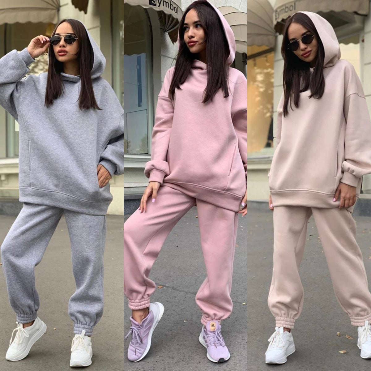 Fashion Solid Color Temperament Commute Hooded Sweater Casual Two-piece Suit