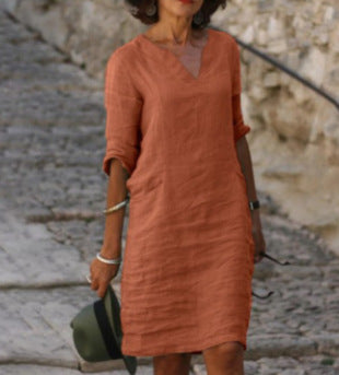 Autumn Cotton Linen Small V-neck Stitching Retro Basic Model Solid Color Three-quarter Sleeve Dress