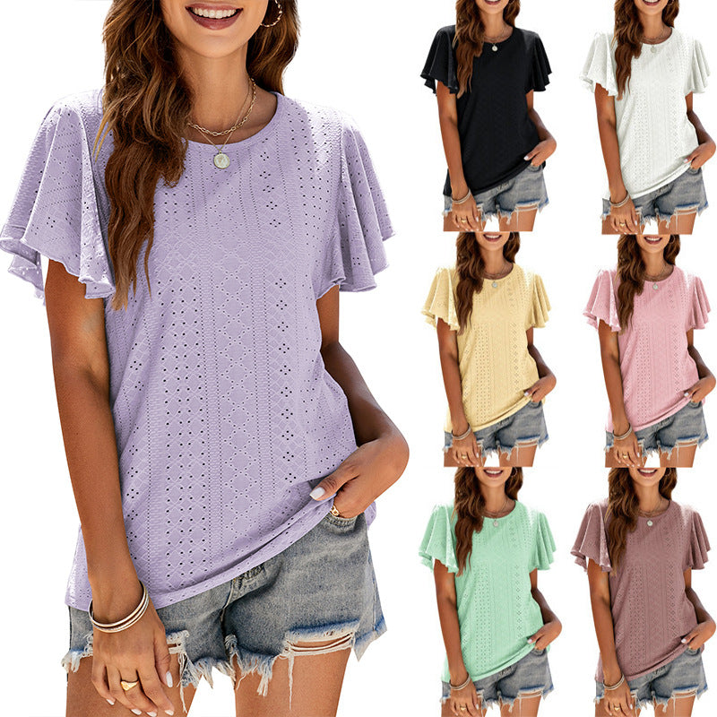 Women's Summer Pullover T-shirt Hollow-out Waist Ruffle Sleeve Casual Top