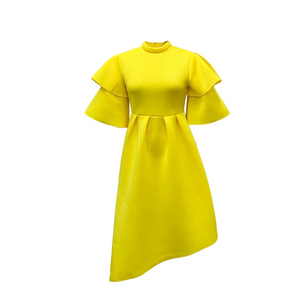 Women's Summer Double-layer Ruffle Ruffled Sleeve Solid Color Wide Hem Dress Gown
