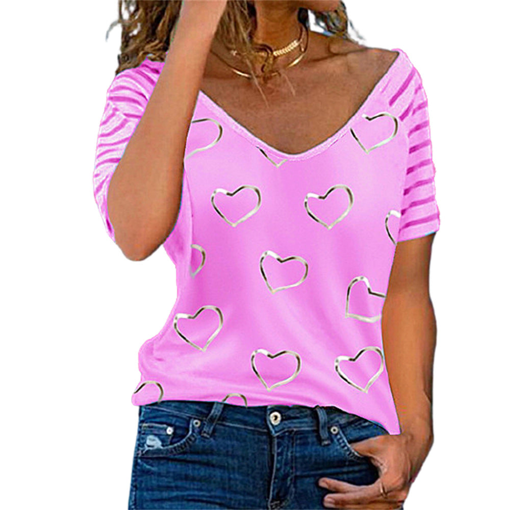 Large Size Women's Pullover Heart Printing Round Neck Short Sleeve T-shirt