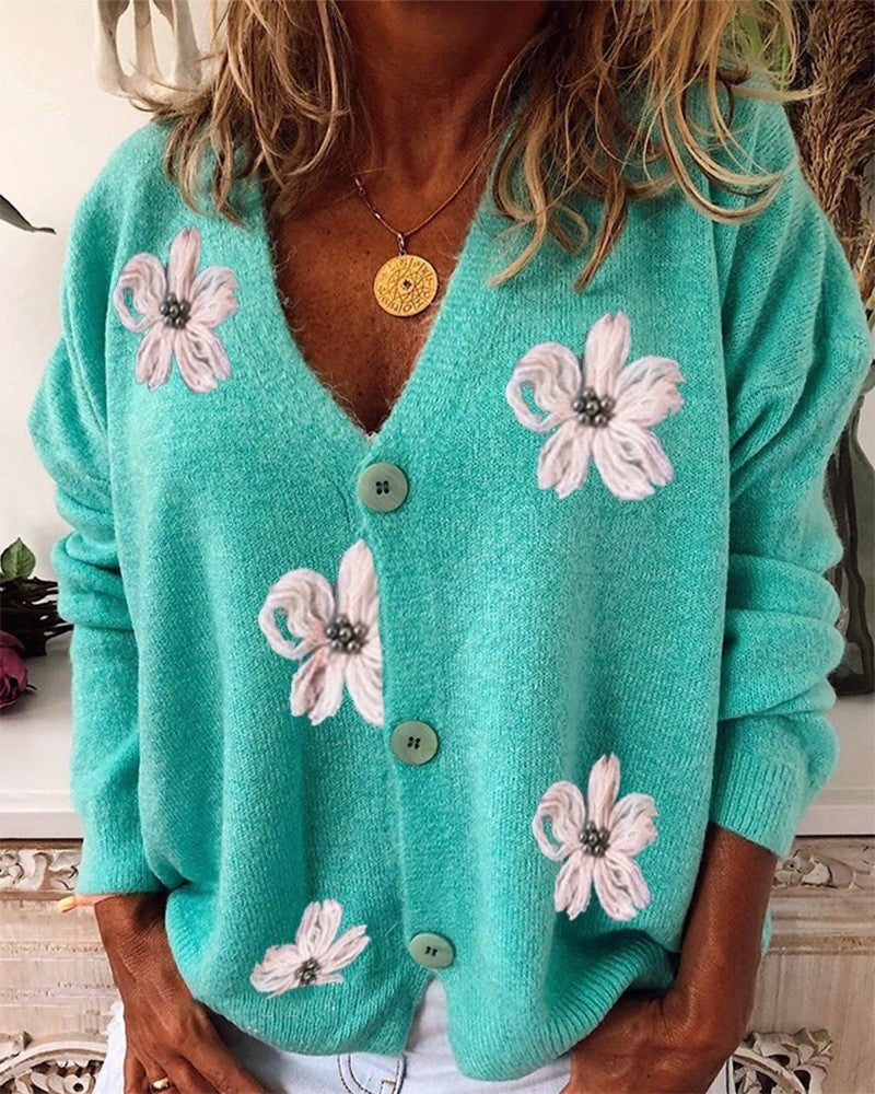 Women's Temperament Commute Long-sleeved Cardigan Embroidered V-neck Knitted Sweater
