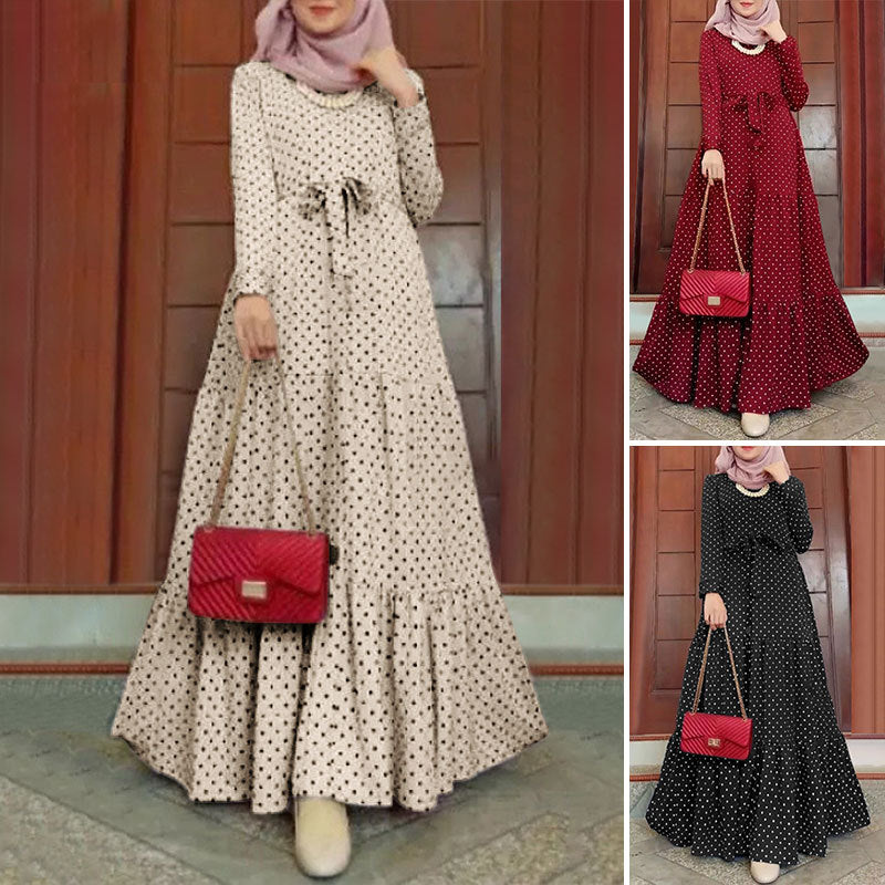 Creative Winter Casual Long Skirt Elegant Women's Dot Round Neck Swing Dress