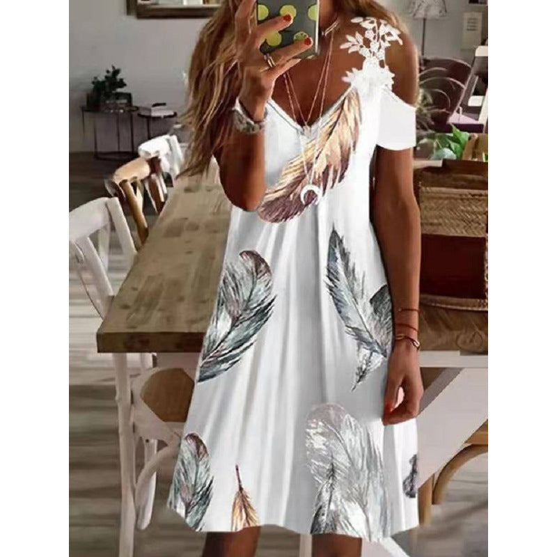 Summer Temperament Commute Women's Printed Off-shoulder Short Sleeve Lace Dress