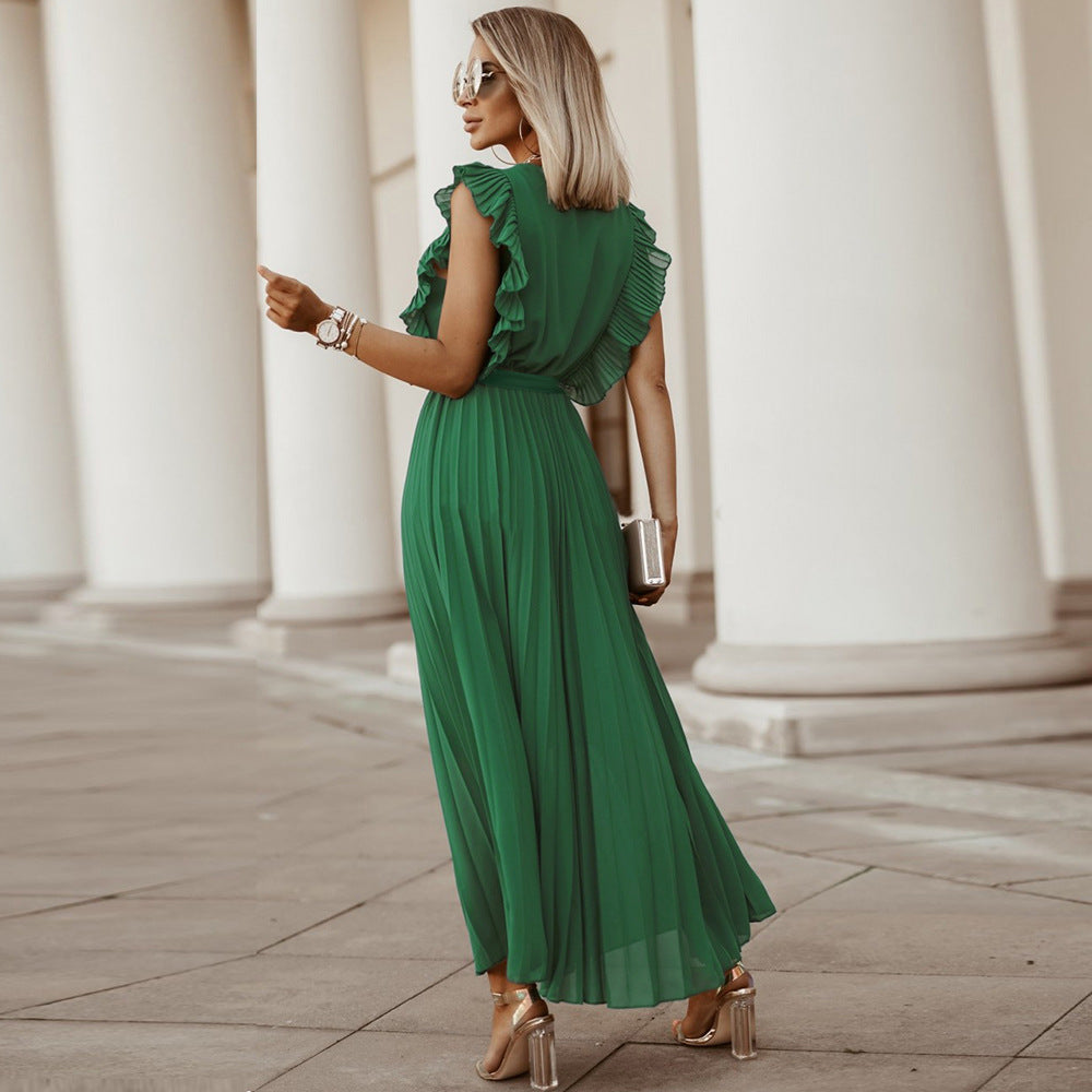 Elegant Beach Dress Fashionable Slim-fit Sexy Solid Color Ruffle Sleeve Chiffon Pleated Skirt