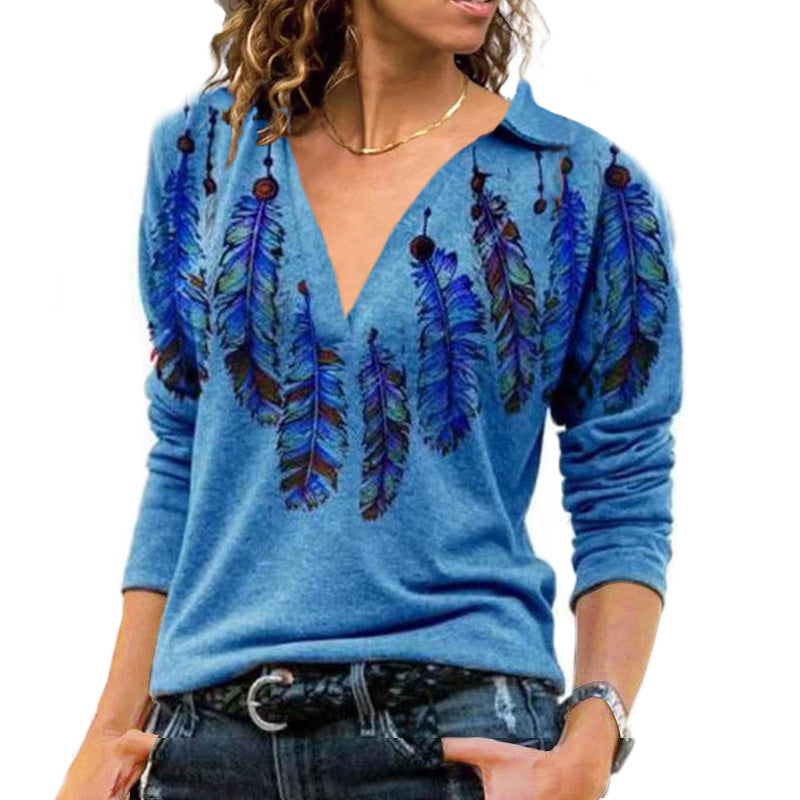 Women's Pullover Vintage Printed Lapel Long Sleeve T-shirt