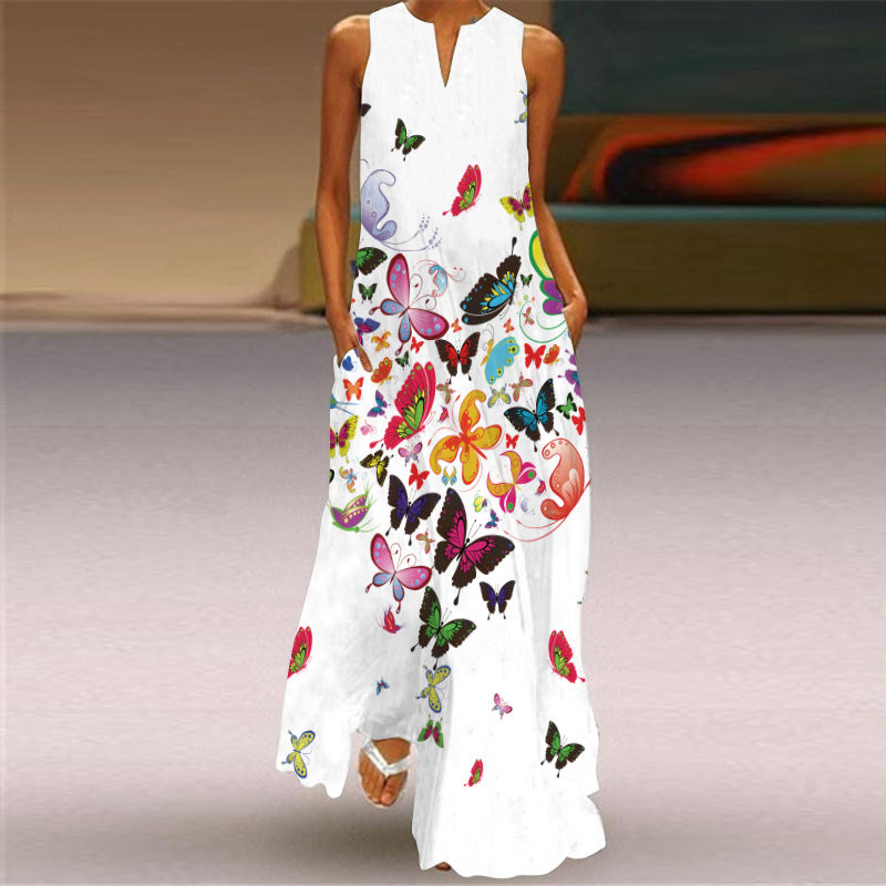 Women's Retro Printed Digital Printing Long Collar Sleeveless Pocket Summer Sexy Dress