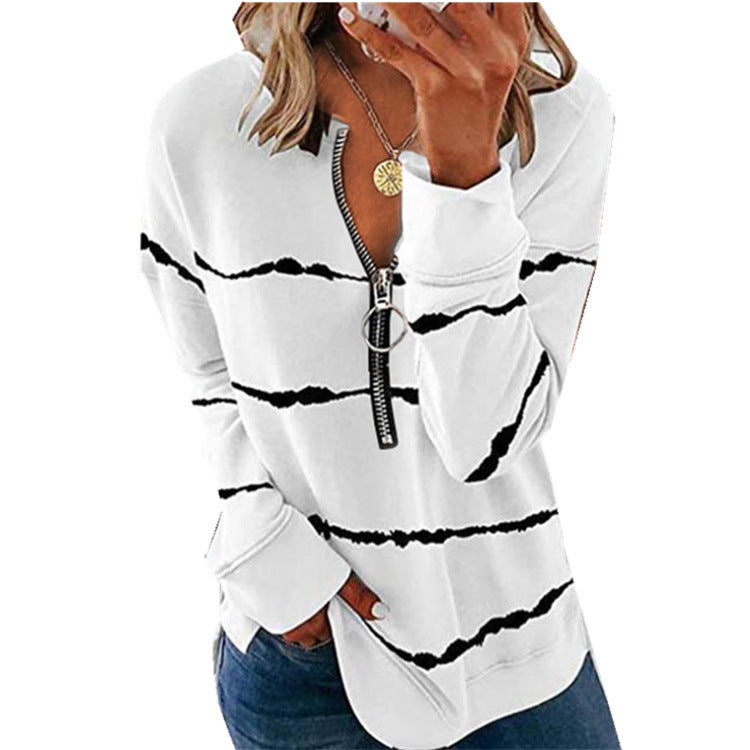 Autumn Striped Zipper V-neck Long Sleeve Large Stripes Size Loose-fitting Women's T-shirt