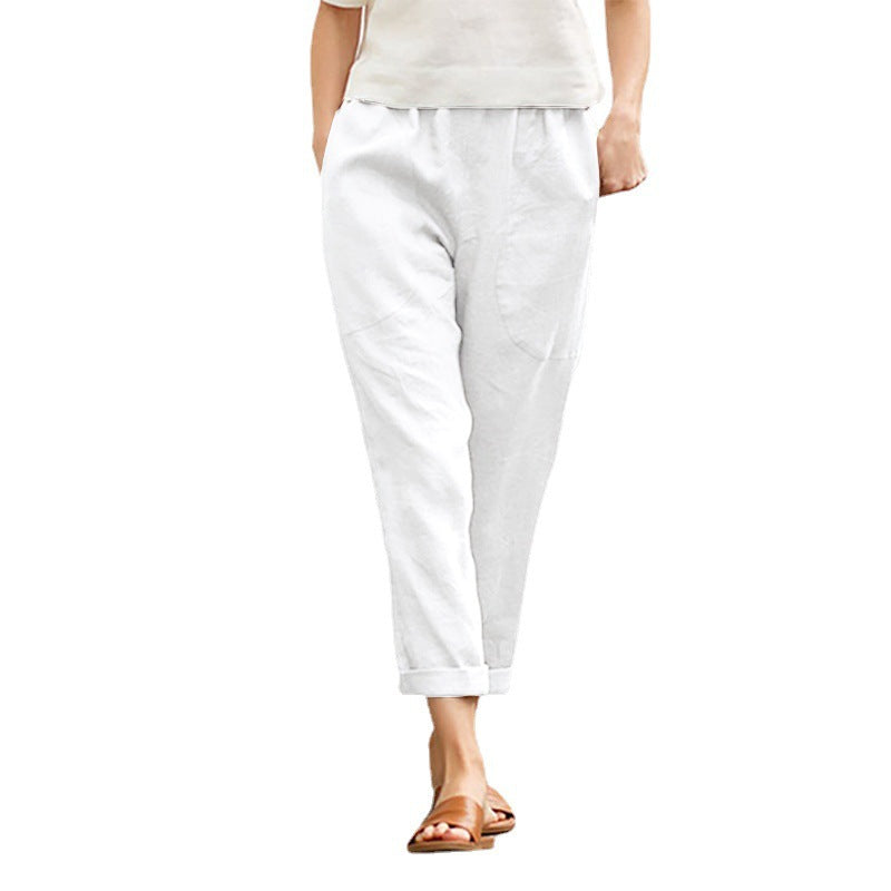 Women's Large Pocket Pure Color Comfort Leisure Cotton Linen Casual Straight-leg Pants