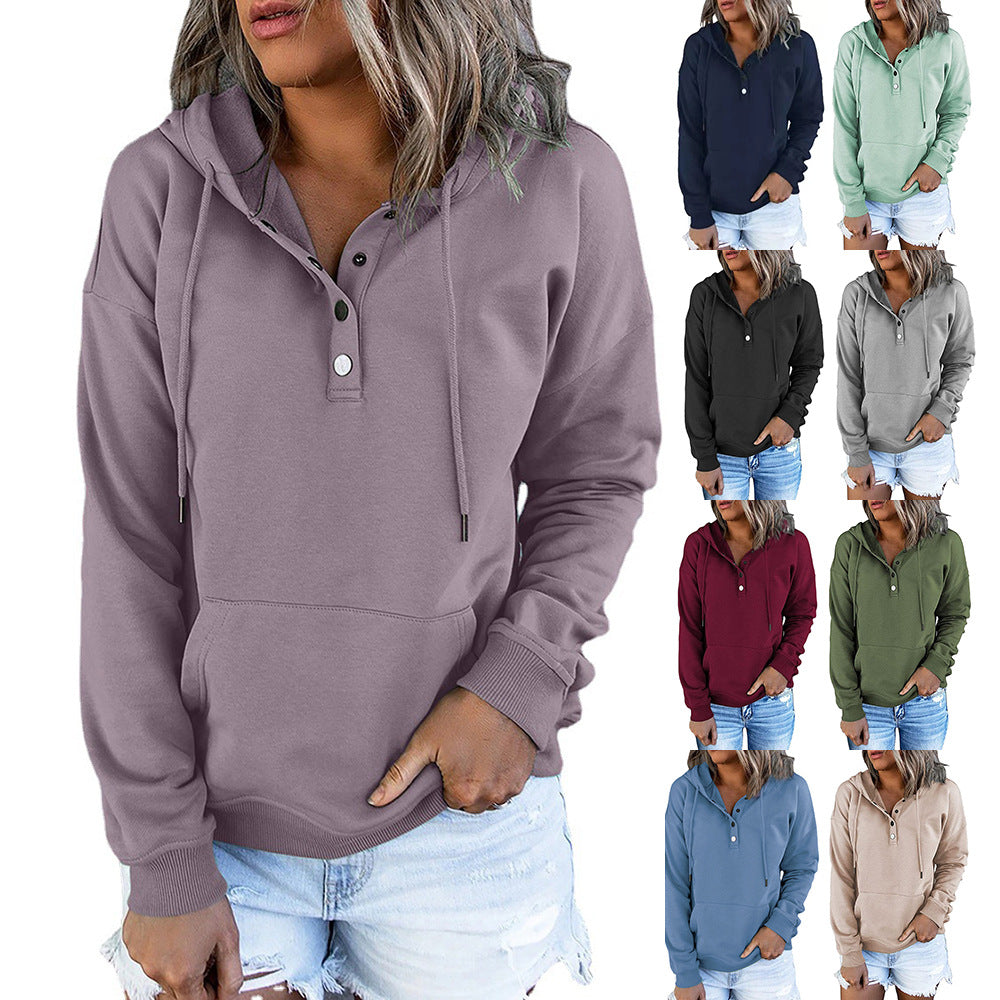 Women's Long Solid Color Sleeve Loose Casual Hooded Drawstring Pocket Sweatshirt