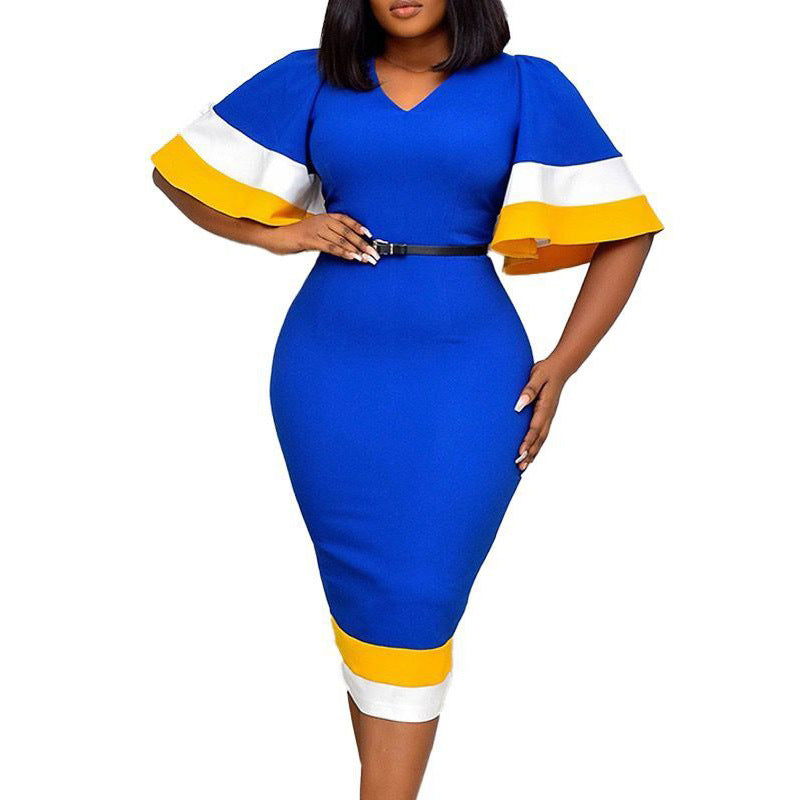 Women's Temperament Commute Summer Fashion Colorblock Bell Sleeve Dress