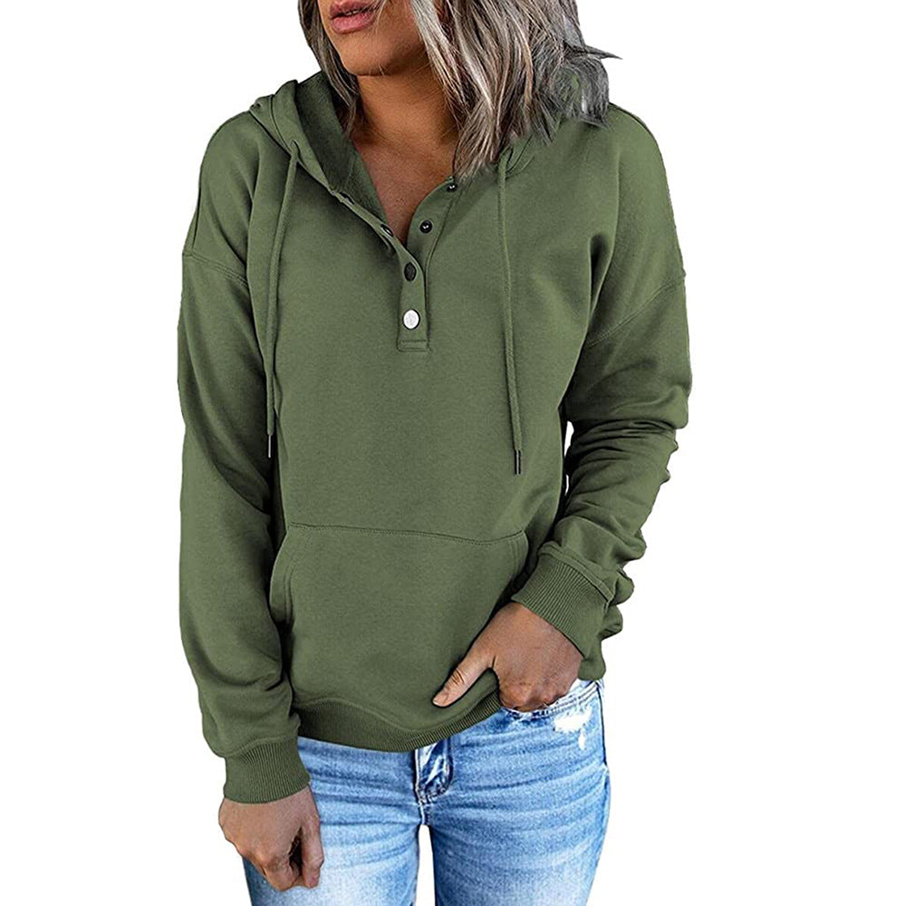 Women's Long Solid Color Sleeve Loose Casual Hooded Drawstring Pocket Sweatshirt