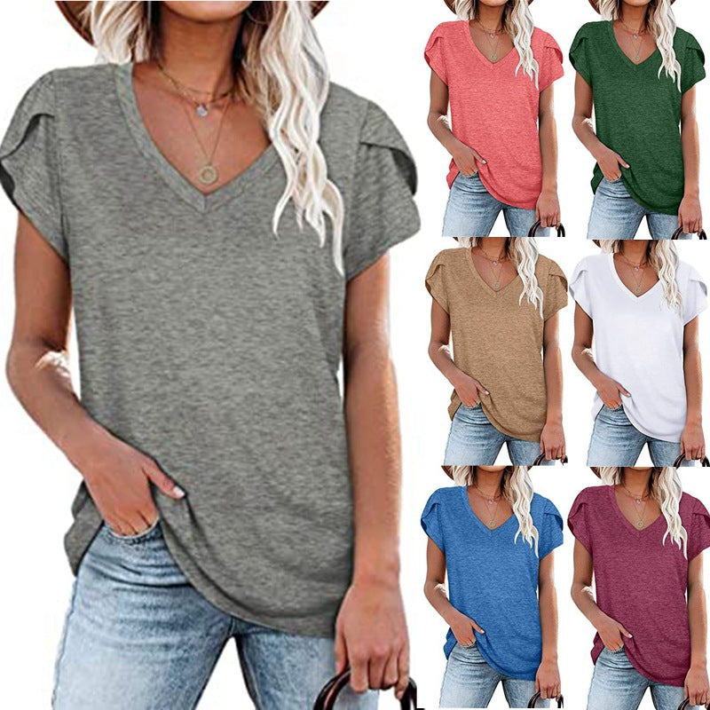 Solid Color V-neck Leisure Short Sleeve Top Women's T-shirt