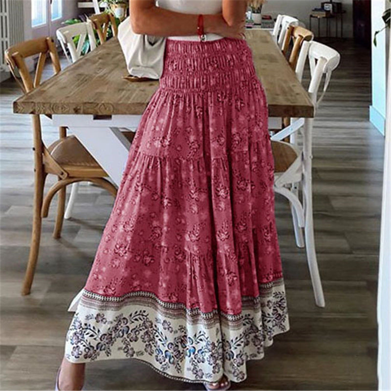 Women's Printed Polyester Fiber Casual High Waist Long Skirt