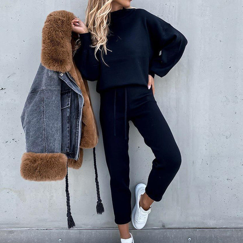Women Set Turtleneck Casual Solid Color Urban Leisure Trousers Pocket Two-piece Sweater